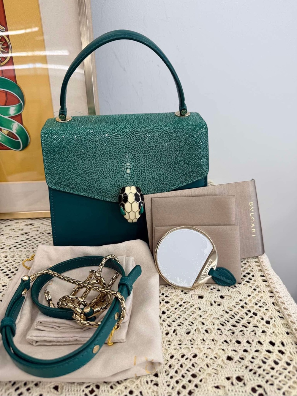 Bulgari Teal Serpenti Top Handle Satchel Stingray with Silver Color Hardware
